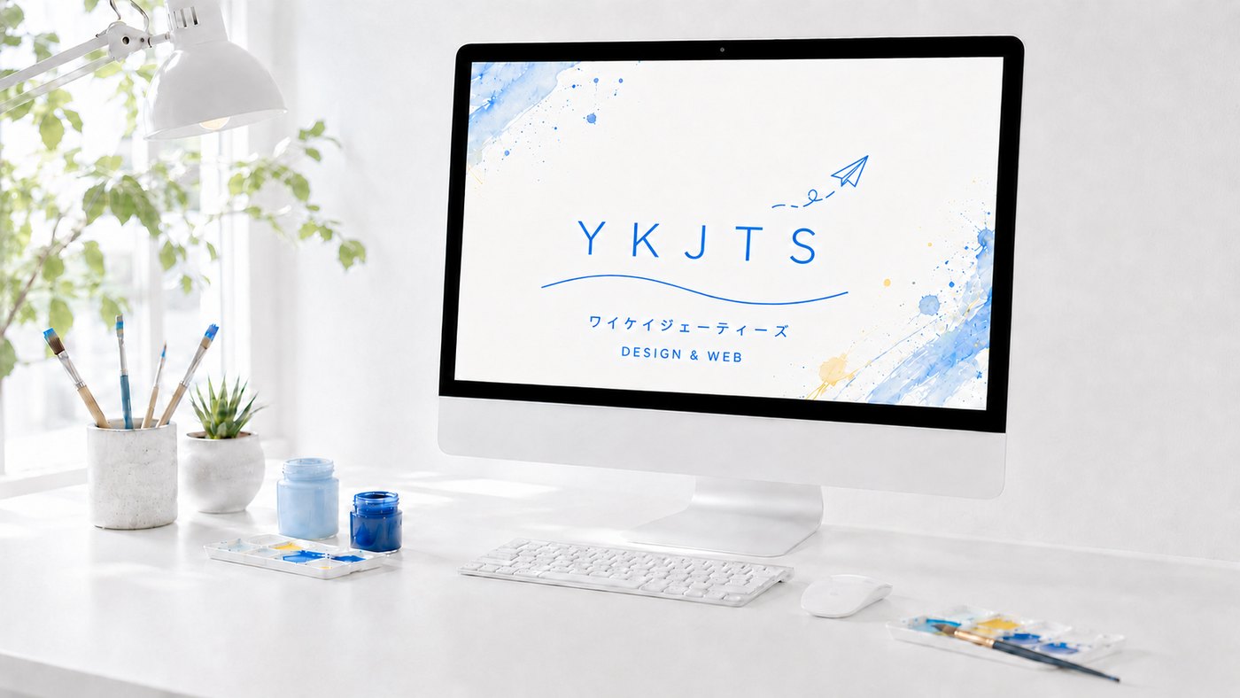 YKJTS DESIGN & WEB のロゴを表示したiMacが置かれたデスクのイメージ
